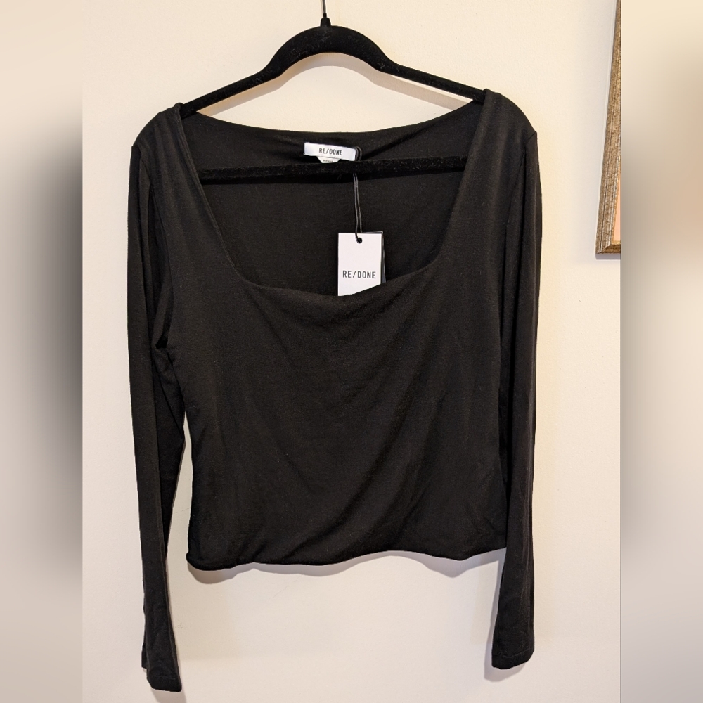 Re/Done Black Square Neck Long Sleeve Top